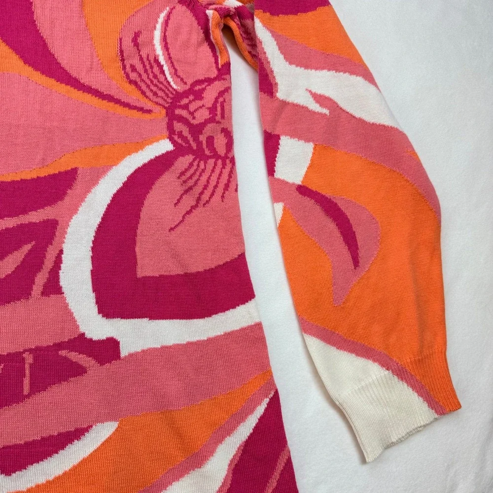 Chicos Orange Pink Floral‎ Intarsia Cotton Lyocell Knit Sweater Top Size 2